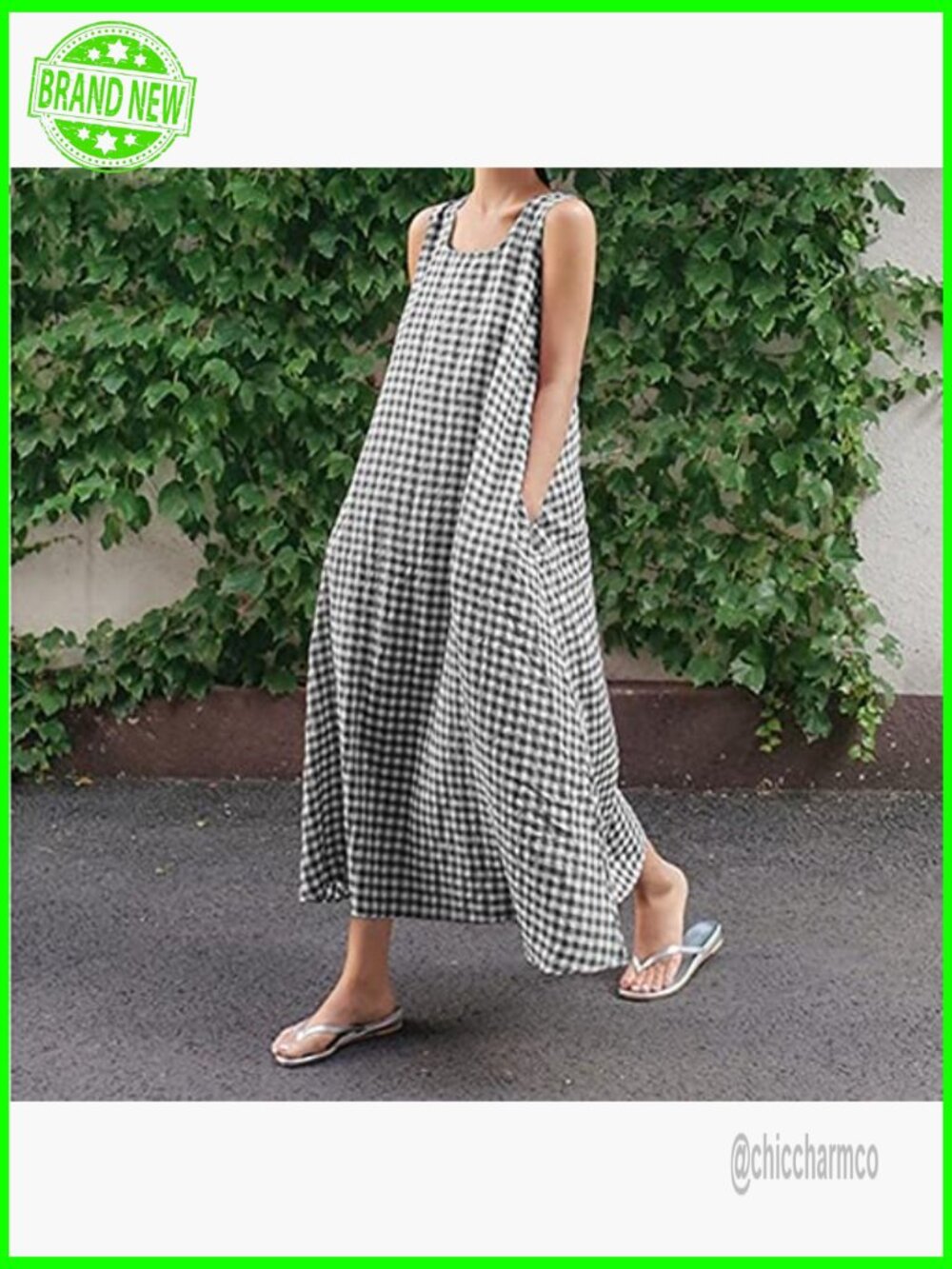 Cotton Plaid Tank Maxi Dress with Pockets Loose Fit - Picture 2 of 5